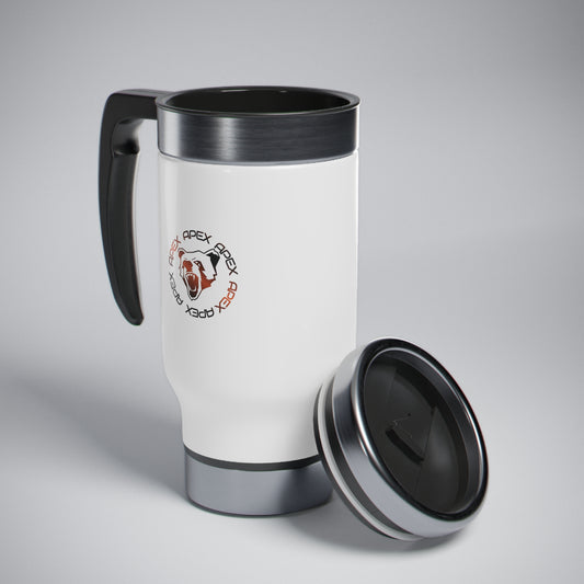 Stainless Steel Travel Mug with Handle, 14oz White Bg / Circle Apex Bear Logo